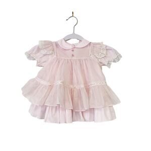 Vintage Bryan Pink Dot Lace Short Sleeve Circle Apron Dress